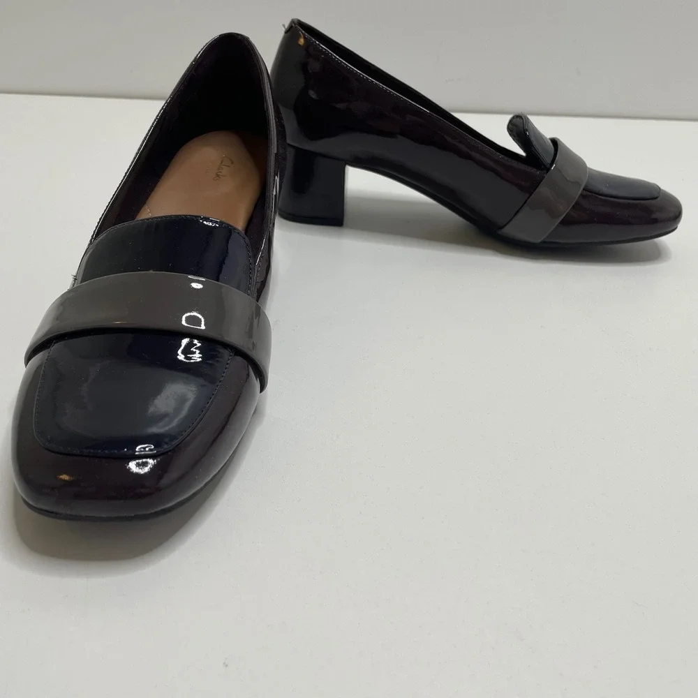 Clarks Colorblock Patent Leather Block Loafer Pump 9 Dark Academia Preppy Office - Picture 5 of 13